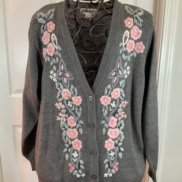 Alfred Dunner Embroidered Vintage 90s Floral Wool Cardigan Size L - Picture 7 of 9